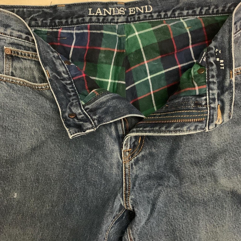 Lands' End Mens Flannel Lined Work Jeans Navy Blue Straight Leg 35x32